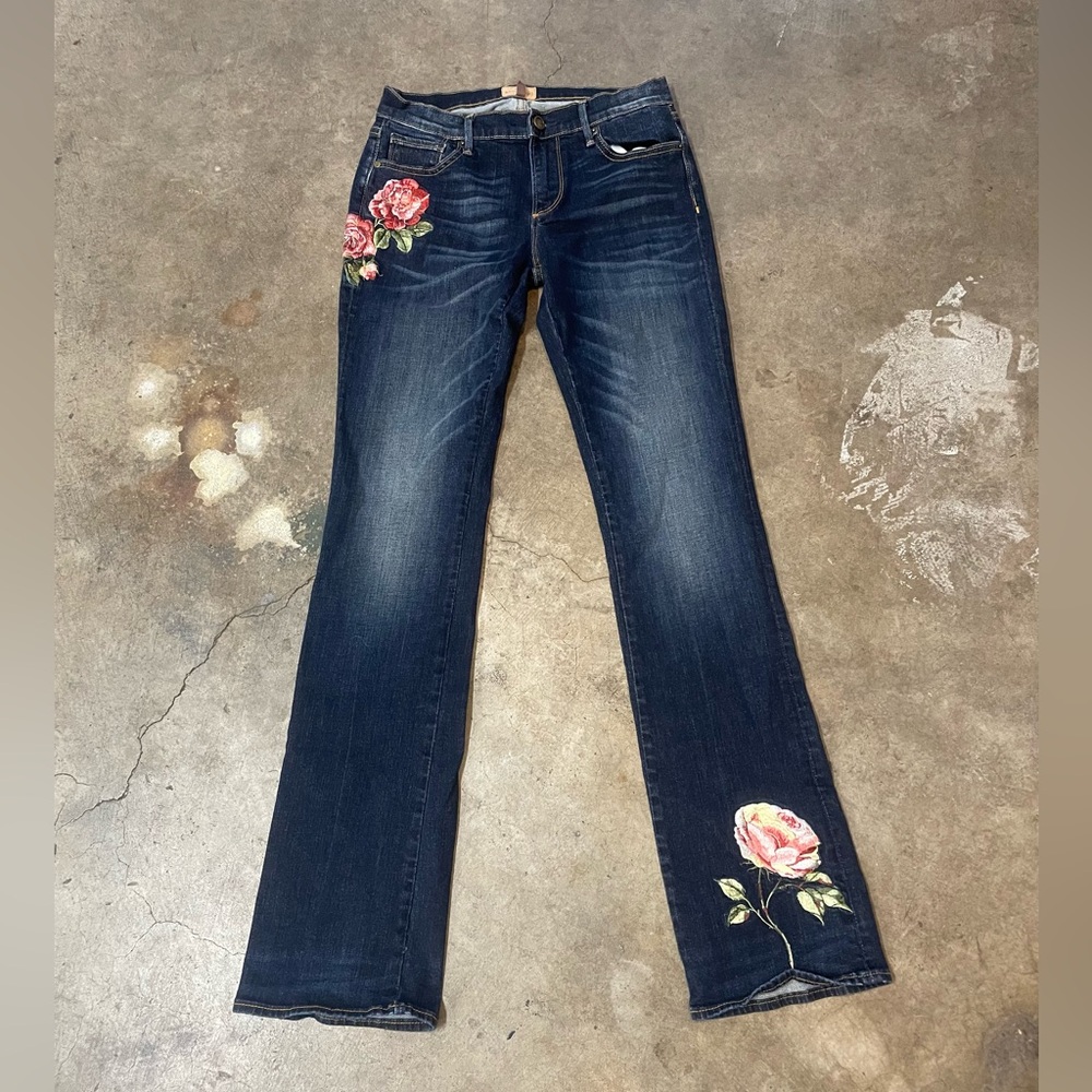 DRIFTWOOD Women's Boot Cut Jeans with Floral Embroidery - Dark Blue
